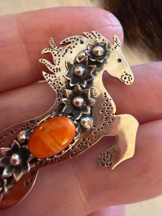 ❤️ Spiny Oyster Decorative Sterling Hand Stamped Statement Horse Pendant 2.16”L - Picture 7 of 11